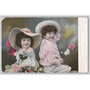Hand Tinted Little Girls Hats Flowers Edwardian Portrait Posted NY 1911 POSTCARD